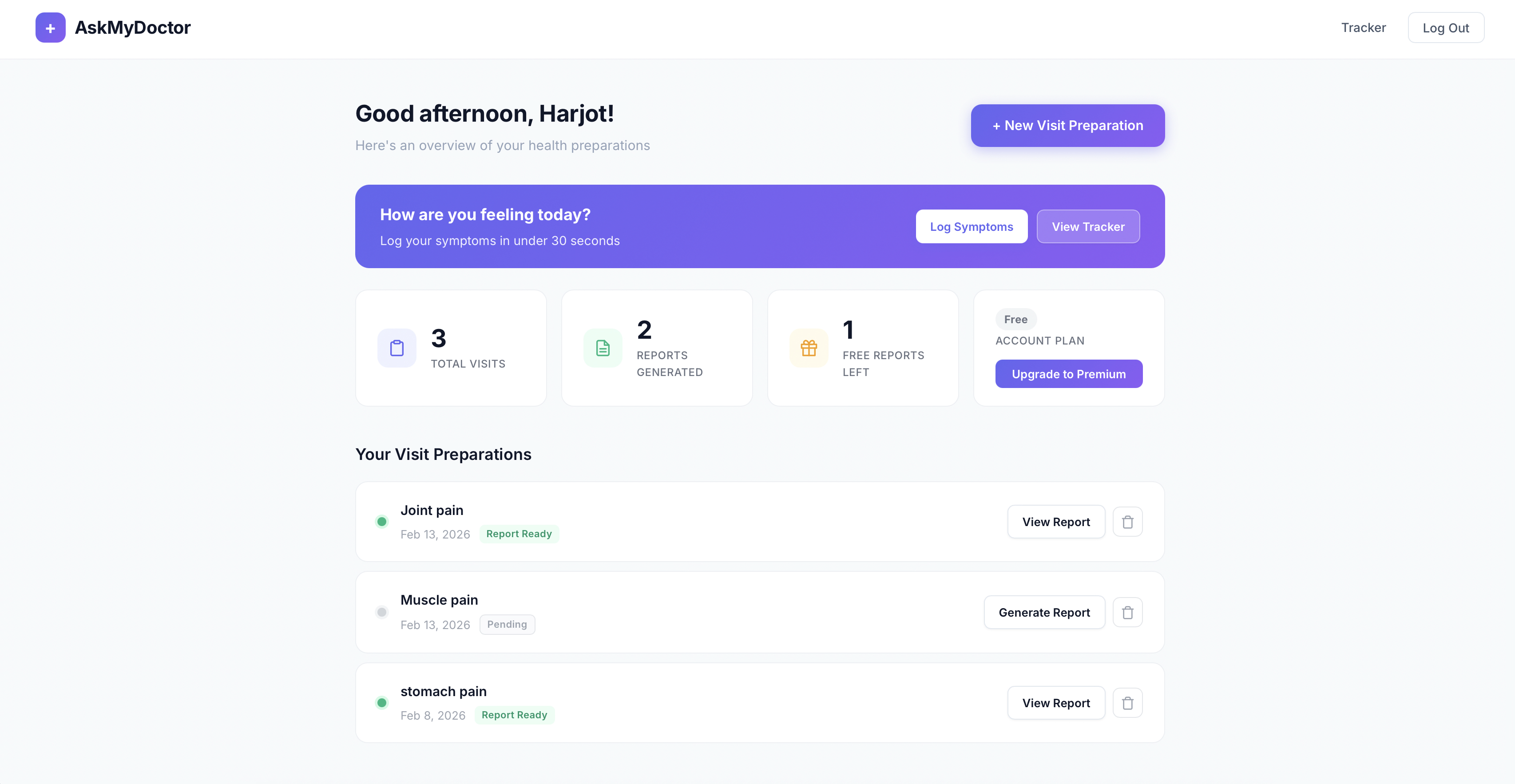 AskMyDoctor - AI-powered health journal web app for doctor visit preparation with symptom tracking and smart reports